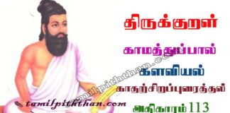 Thirukkural Kathal Sirapuraithal Adhikaram-113 திருக்குறள் காதற்சிறப்புரைத்தல் அதிகாரம்-113 களவியல் காமத்துப்பால் Kalaviyal Kamathupal in Tamil Thirukkural Kathal Sirapuraithal Adhikaram-113