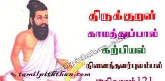 Thirukkural Ninainthavar Pulambal Adhikaram-121 திருக்குறள் நினைந்தவர்புலம்பல் அதிகாரம்-121 கற்பியல் காமத்துப்பால் Karpiyal Kamathupal in Tamil Thirukkural Ninainthavar Pulambal Adhikaram-121